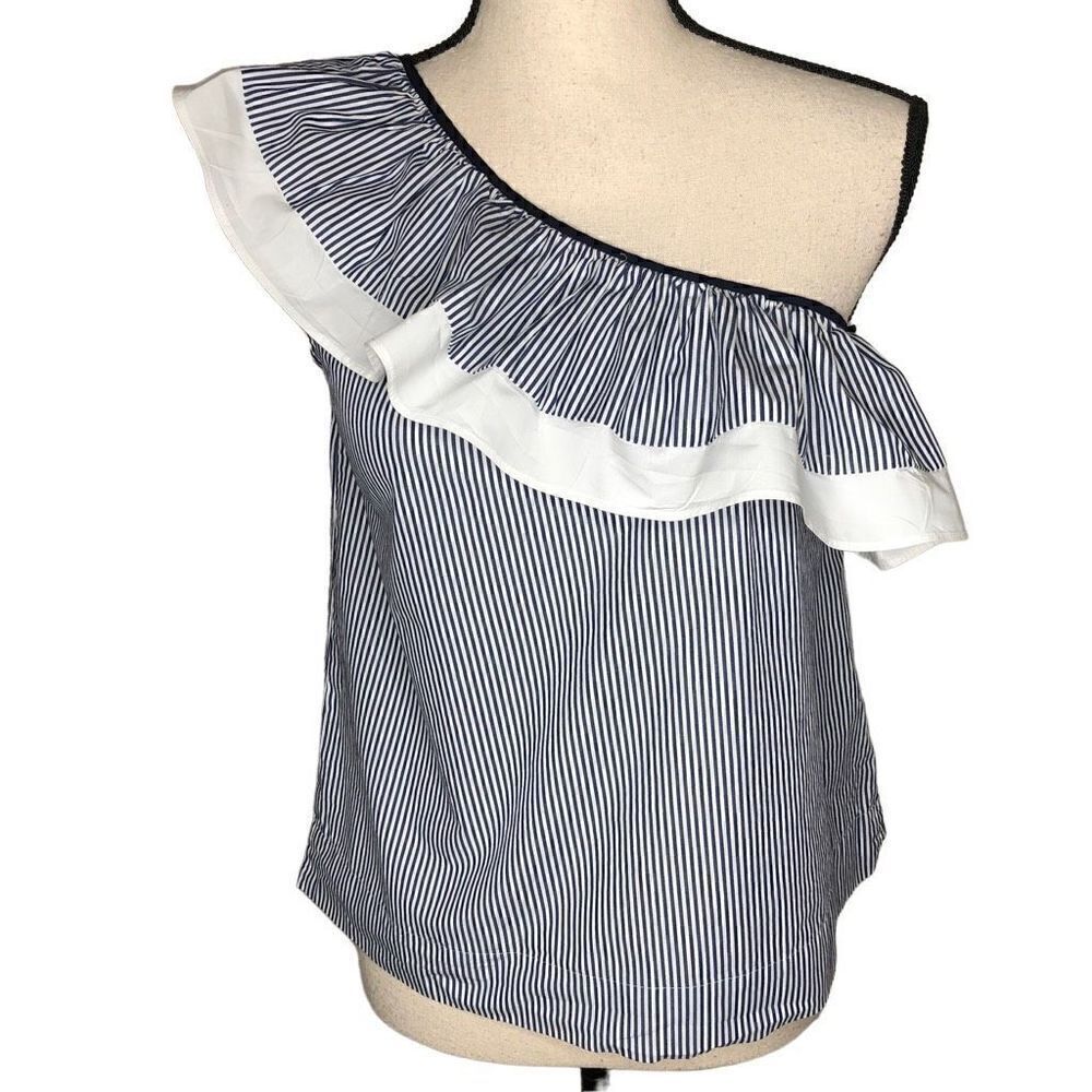 J. Crew Blue and White Striped One Shoulder Coastal Top Size 2